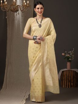 Akhilam - Women's Silk Blend Cream Woven Design Designer Saree with Unstitched Blouse