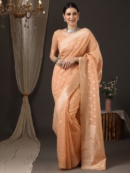 Akhilam - Women's Silk Blend Peach Woven Design Designer Saree with Unstitched Blouse