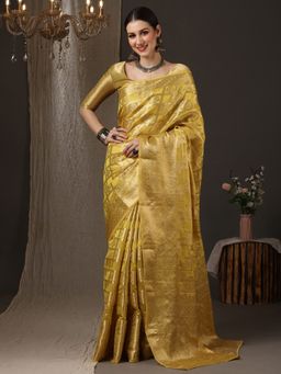 Akhilam - Women's Silk Blend Yellow Woven Design Designer Saree with Unstitched Blouse