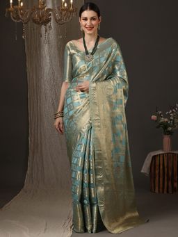 Akhilam - Women's Silk Blend Blue Woven Design Designer Saree with Unstitched Blouse