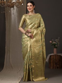 Akhilam - Women's Silk Blend Green Woven Design Designer Saree with Unstitched Blouse