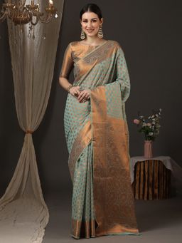 Akhilam - Women's Silk Blend Green Woven Design Designer Saree with Unstitched Blouse