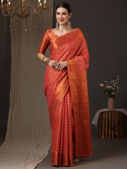 Akhilam - Women's Silk Blend Red Woven Design Designer Saree with Unstitched Blouse