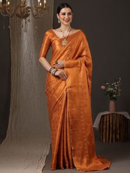 Akhilam - Women's Silk Cotton Orange Woven Design Designer Saree with Unstitched Blouse