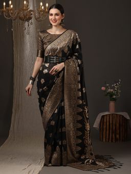 Akhilam - Women's Silk Black Woven Design Designer Saree with Unstitched Blouse