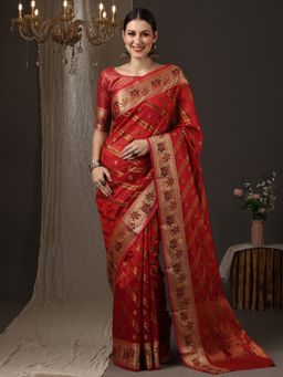 Akhilam - Women's Silk Blend Red Woven Design Designer Saree with Unstitched Blouse