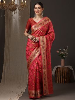 Akhilam - Women's Silk Blend Red Woven Design Designer Saree with Unstitched Blouse