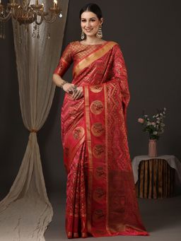 Akhilam - Women's Silk Blend Red Woven Design Designer Saree with Unstitched Blouse