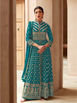 Odette - Teal Embroidered Georgette A-Line Semi-Stitched Anarkali Suit (Set of 3)