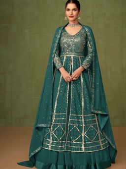Odette - Teal Embroidered Georgette A-Line Semi-Stitched Anarkali Suit (Set of 3)