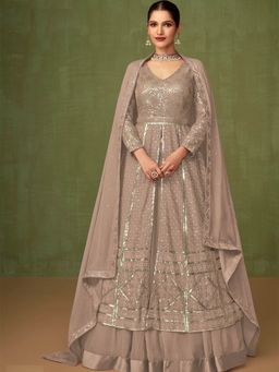 Odette - Mauve Embroidered Georgette A-Line Semi-Stitched Anarkali Suit (Set of 3)