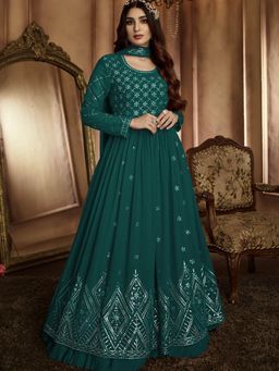 Odette - Teal Embroidered Georgette Semi Stitched Anarkali Suit (Set of 3)