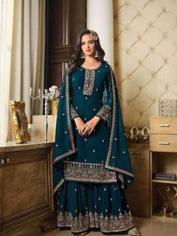 Odette - Teal Embroidered Georgette Sharara Style Semi-Stitched Salwar Suit (Set of 3)