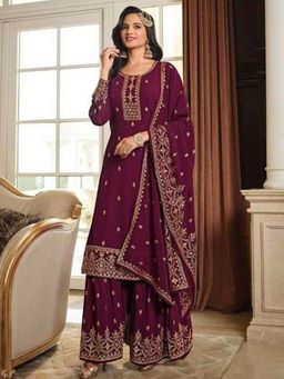 Odette - Purple Embroidered Georgette Sharara Style Semi-Stitched Salwar Suit (Set of 3)