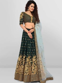 Odette - Green Satin Heavy Bridal Semi Stitched Lehenga With Unstitched Blouse (Set of 3)