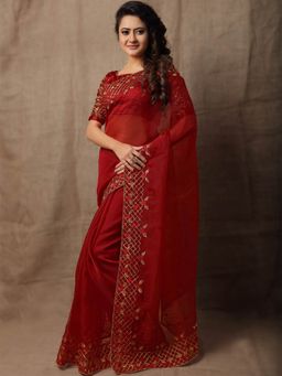 Odette - Red Jari Embroidered Organza Glitter Saree with Unstitched Blouse