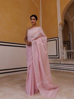 Geroo Jaipur - Pink Kota Cotton Hand Block Printed Saree with Unstitched Blouse