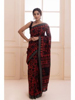 Geroo Jaipur - Black Pure Chanderi Hand Block Printed Temple Border Saree with Unstitched Blouse