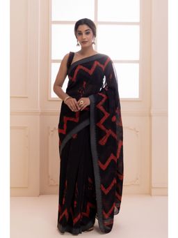 Geroo Jaipur - Black Pure Chanderi Hand Block Printed Temple Border Saree with Unstitched Blouse
