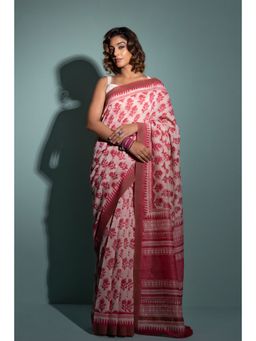 Geroo Jaipur - Pink Pure Chanderi Hand Block Printed Ghicha Border Saree with Unstitched Blouse