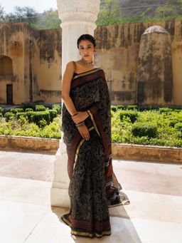Geroo Jaipur - Black Pure Kota Silk Hand Block Printed Saree with Unstitched Blouse