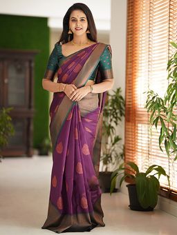 Akhilam - Women's Silk Blend Purple Woven Design Designer Saree with Unstitched Blouse