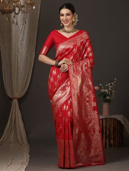 Akhilam - Women's Silk Blend Red Woven Design Designer Saree with Unstitched Blouse
