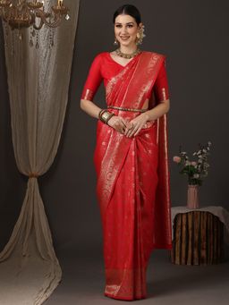 Akhilam - Women's Silk Blend Red Woven Design Designer Saree with Unstitched Blouse
