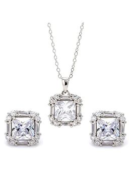 Ornate Jewels - 925 Sterling Silver Square American Diamond Solitaire Pendant with Earrings Jewellery Set for Women Girls One Size