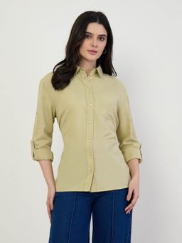 Styli - Women Green Linen Roll-Up Sleeve Shirt