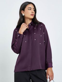Styli - Women Purple Regular Fit Pearl Detail Long Sleeve Shirt