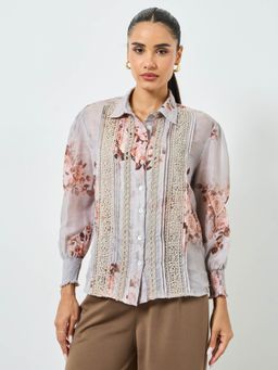 Styli - Women Grey Regular Fit Floral Print Long Sleeve Shirt