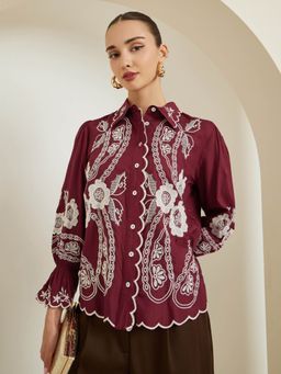Styli - Women Burgundy Regular Fit Embroidered Cowgirl Shirt