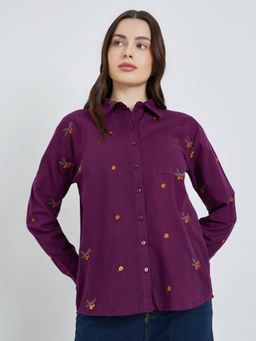 Styli - Women Burgundy Regular Fit Embroidery Full Sleeve Shirt