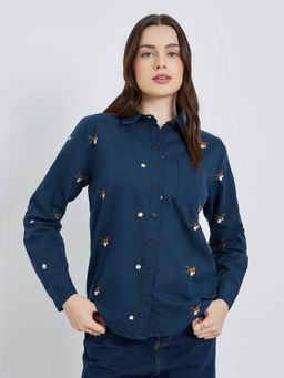 Styli - Women Navy Blue Regular Fit Embroidery Full Sleeve Shirt