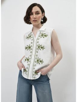 AAREIN - White Cotton White Embroidered Bohemian Shirt