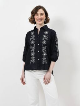 AAREIN - Black Embroidered Cotton Dobby Shirt