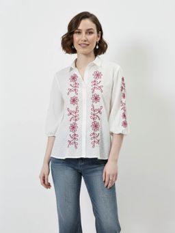 AAREIN - White Embroidered Cotton Dobby Shirt
