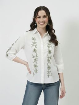 AAREIN - White Embroidered Cotton Dobby Shirt