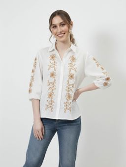 AAREIN - White Embroidered Cotton Dobby Shirt