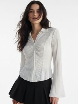 Outzidr - White Textured Button Down Cinched Waist Shirt