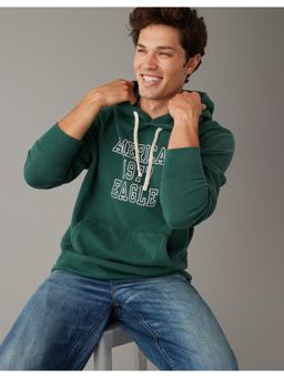 American Eagle - Men Green Logo Typogrpahy Pullover Hoodie