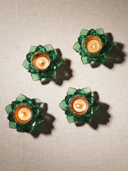 Pure Home + Living - Set of 4 Green Floral Shaped Tea Light Holders