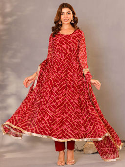 HOUSE OF JAMOTI - Maroon Leheriya Anarkali (Set of 3)