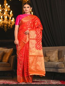 Beatitude - Red Woven Patola Design Saree with Unstitched Blouse