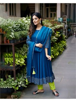 Ghoomar Jaipur - Peacock Blue Kurta With Neon Green Pant (Set of 3)