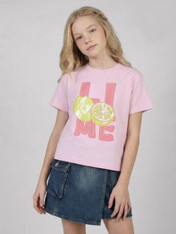 VERO MODA - Girl's Pink Printed Cotton T-Shirt