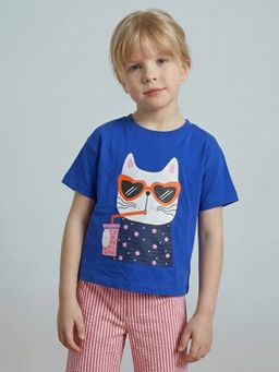 VERO MODA - Girl's Blue Printed Cotton T-Shirt