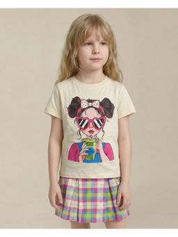 VERO MODA - Girl's Beige Printed Cotton T-Shirt