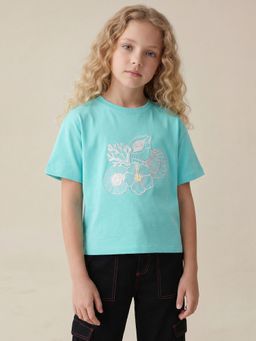 VERO MODA - Girl's Blue Embroidered Print T-Shirt